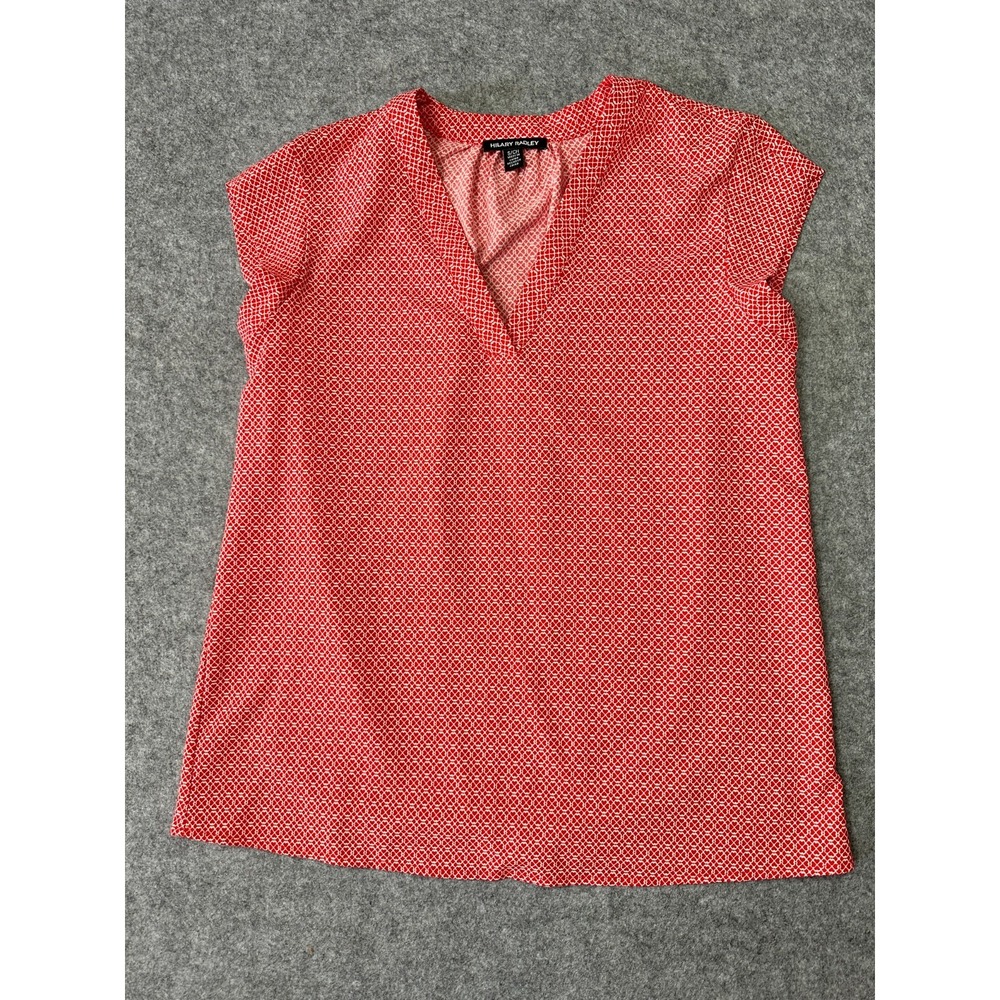 Hilary Radley Blouse Top Womens Small Red Geometric Back Box V Neck Cap Sleeve